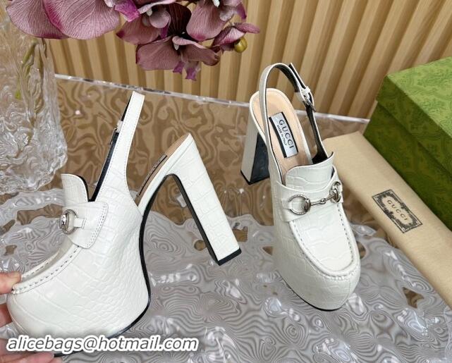 Low Price Gucci Horsebit Platform High Heel Slingback Pumps 13.5cm in Stone Embossed Leather White 0814065