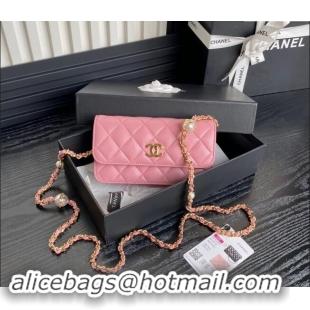 Famous Brand Chanel Shiny Lambskin Flap Phone Holder with Chain and Pearls AP4284 Pink 2024