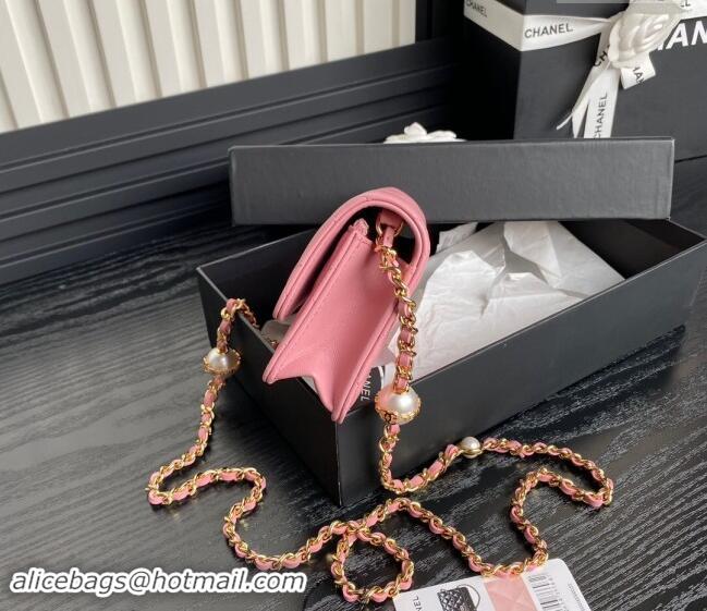 Famous Brand Chanel Shiny Lambskin Flap Phone Holder with Chain and Pearls AP4284 Pink 2024