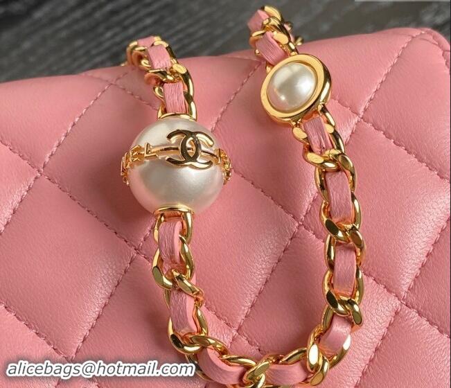 Famous Brand Chanel Shiny Lambskin Flap Phone Holder with Chain and Pearls AP4284 Pink 2024