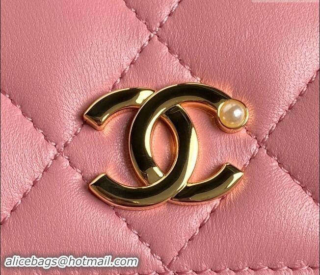 Famous Brand Chanel Shiny Lambskin Flap Phone Holder with Chain and Pearls AP4284 Pink 2024