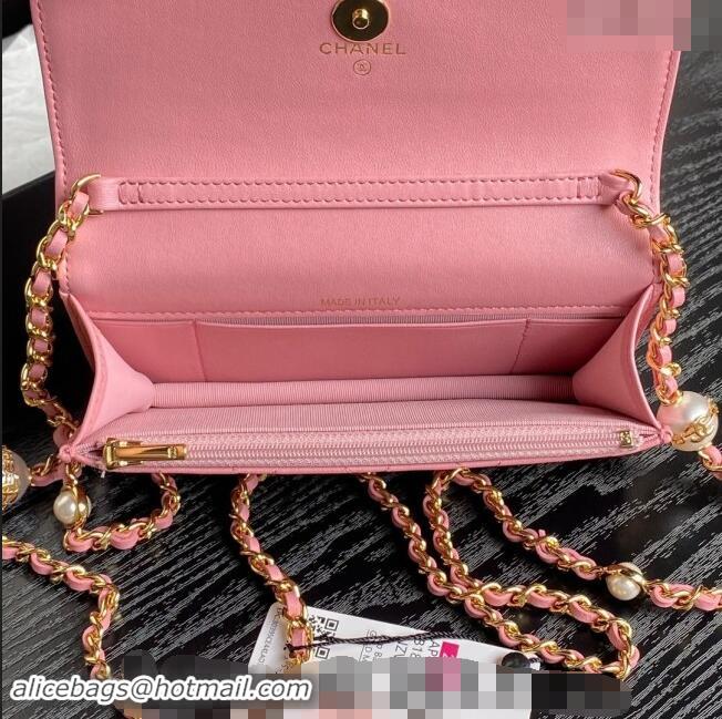 Famous Brand Chanel Shiny Lambskin Flap Phone Holder with Chain and Pearls AP4284 Pink 2024