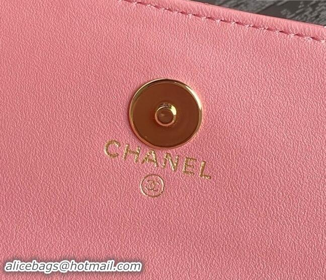 Famous Brand Chanel Shiny Lambskin Flap Phone Holder with Chain and Pearls AP4284 Pink 2024