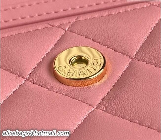 Famous Brand Chanel Shiny Lambskin Flap Phone Holder with Chain and Pearls AP4284 Pink 2024