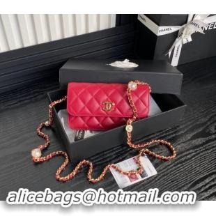 Good Taste Chanel Shiny Lambskin Flap Phone Holder with Chain and Pearls AP4284 Red 2024