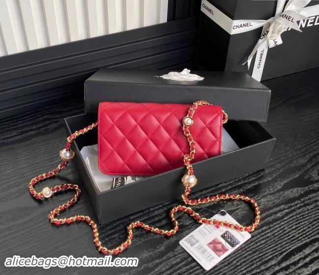 Good Taste Chanel Shiny Lambskin Flap Phone Holder with Chain and Pearls AP4284 Red 2024