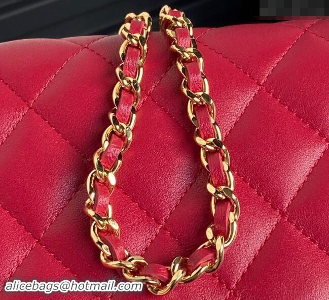 Good Taste Chanel Shiny Lambskin Flap Phone Holder with Chain and Pearls AP4284 Red 2024