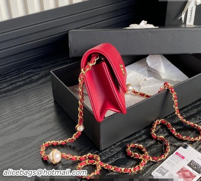 Good Taste Chanel Shiny Lambskin Flap Phone Holder with Chain and Pearls AP4284 Red 2024