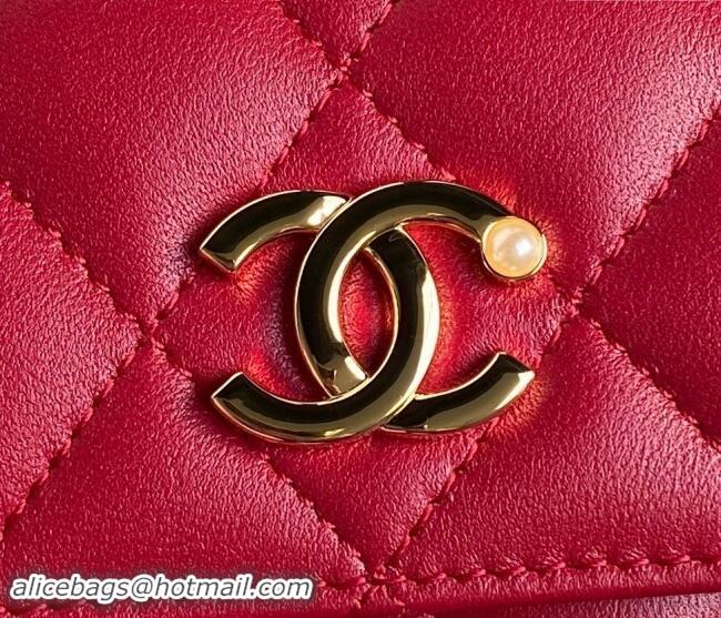 Good Taste Chanel Shiny Lambskin Flap Phone Holder with Chain and Pearls AP4284 Red 2024