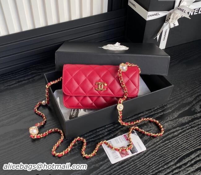 Good Taste Chanel Shiny Lambskin Flap Phone Holder with Chain and Pearls AP4284 Red 2024