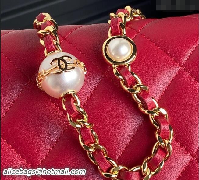 Good Taste Chanel Shiny Lambskin Flap Phone Holder with Chain and Pearls AP4284 Red 2024