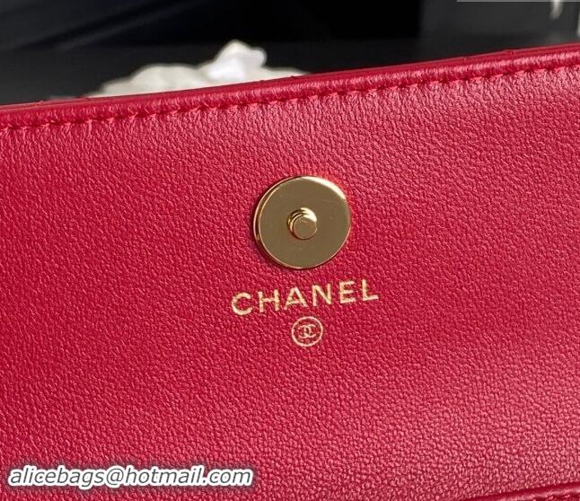 Good Taste Chanel Shiny Lambskin Flap Phone Holder with Chain and Pearls AP4284 Red 2024