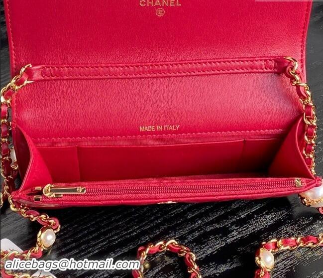 Good Taste Chanel Shiny Lambskin Flap Phone Holder with Chain and Pearls AP4284 Red 2024