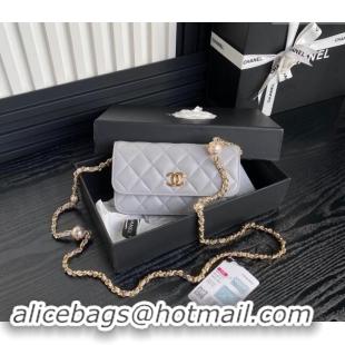 Popular Style Chanel Shiny Lambskin Flap Phone Holder with Chain and Pearls AP4284 Grey 2024