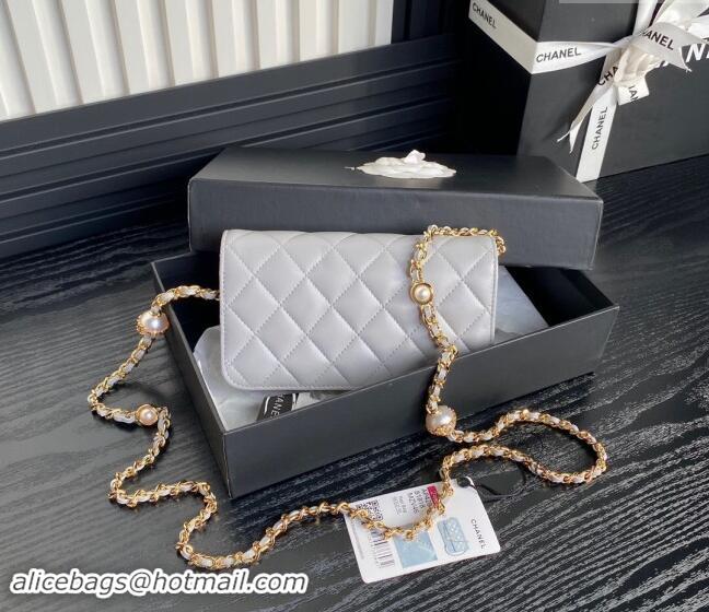 Popular Style Chanel Shiny Lambskin Flap Phone Holder with Chain and Pearls AP4284 Grey 2024