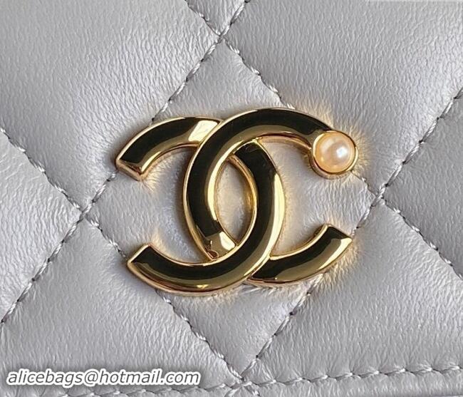 Popular Style Chanel Shiny Lambskin Flap Phone Holder with Chain and Pearls AP4284 Grey 2024