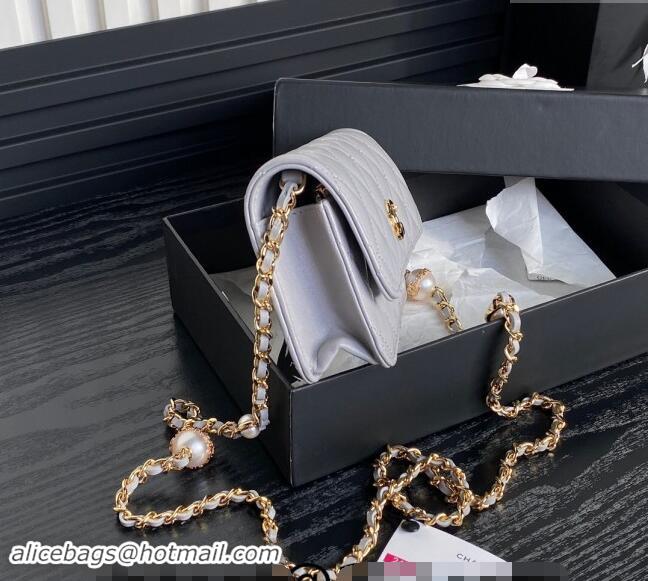 Popular Style Chanel Shiny Lambskin Flap Phone Holder with Chain and Pearls AP4284 Grey 2024