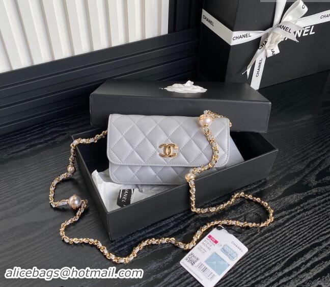 Popular Style Chanel Shiny Lambskin Flap Phone Holder with Chain and Pearls AP4284 Grey 2024