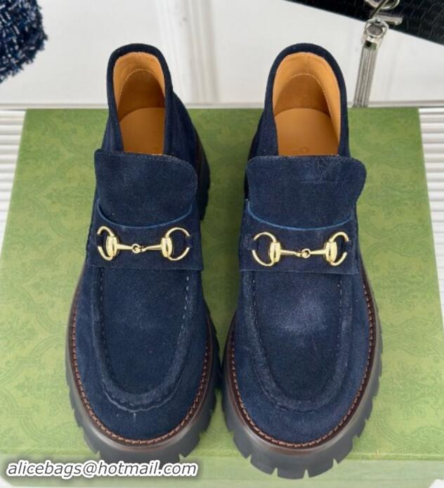 Luxurious Gucci Suede Platform Ankle Boots 4.5cm with Horsebit Dark Blue 1014037