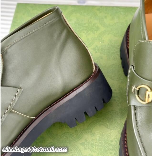 Unique Style Gucci Leather Platform Ankle Boots 4.5cm with Horsebit Green 1014041