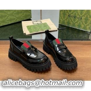 Best Grade Gucci Women's Black Leather Loafers with Web 1014042