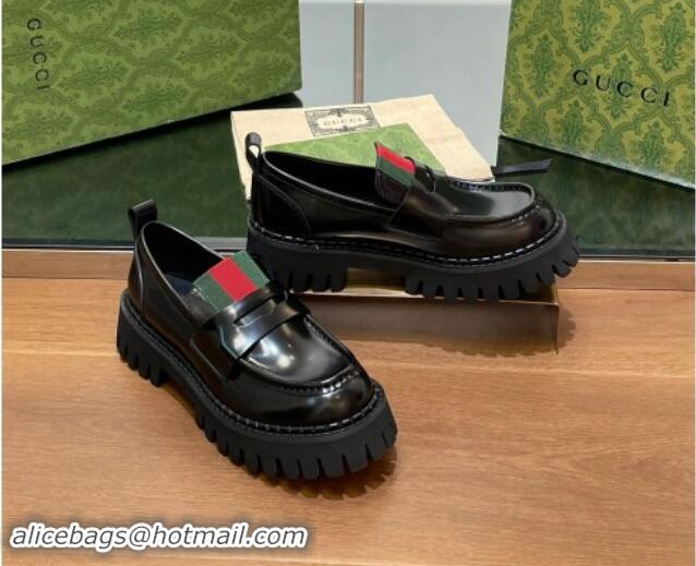 Best Grade Gucci Women's Black Leather Loafers with Web 1014042