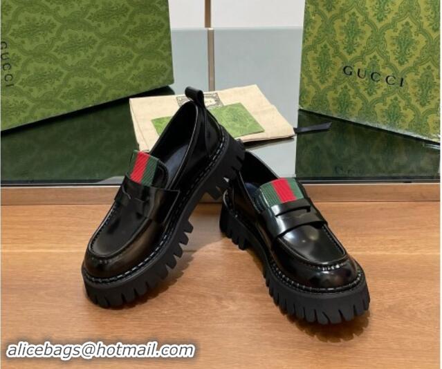 Best Grade Gucci Women's Black Leather Loafers with Web 1014042