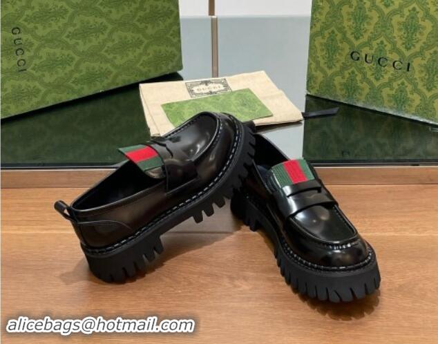 Best Grade Gucci Women's Black Leather Loafers with Web 1014042