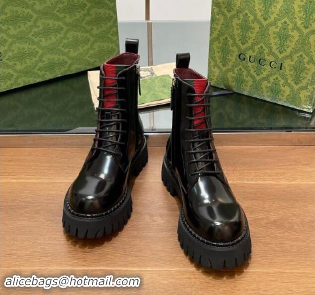 Grade Quality Gucci Women's Black Shiny Leather Ankle Boots 5cm with Web 1014043