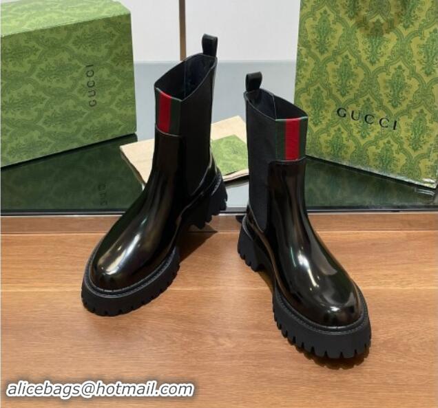 Classic Hot Gucci Women's Black Shiny Leather Ankle Boots 5cm with Web 1014044