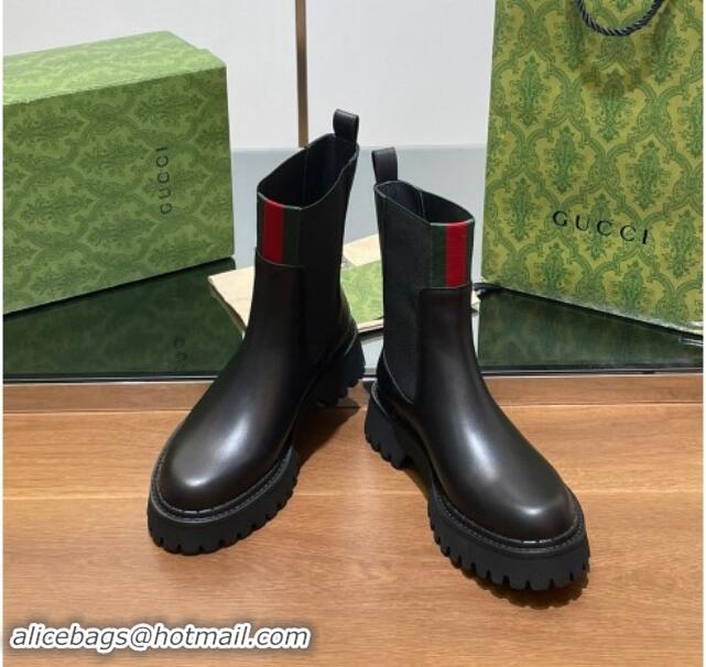 Good Looking Gucci Women's Black Calf Leather Ankle Boots 5cm with Web 1014045