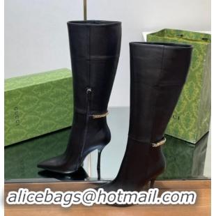 Low Price Gucci Leather High Boots with GUCCI Chain Black 1014049