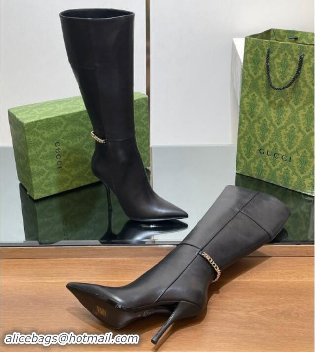 Low Price Gucci Leather High Boots with GUCCI Chain Black 1014049