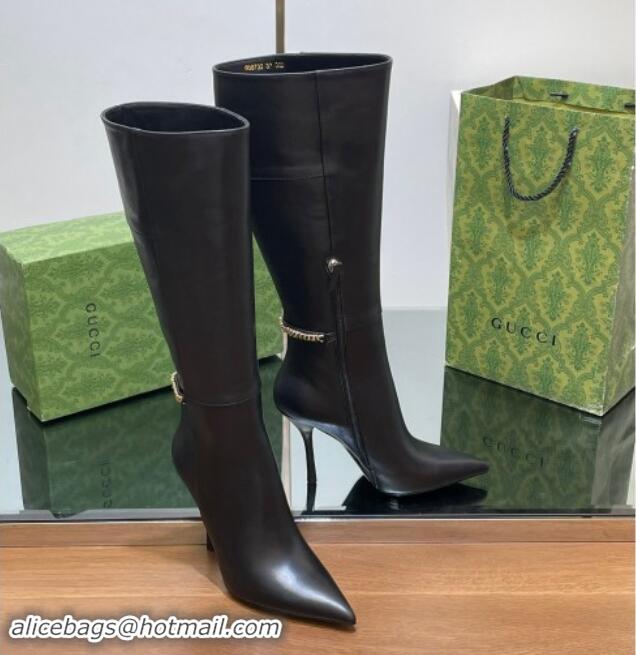 Low Price Gucci Leather High Boots with GUCCI Chain Black 1014049