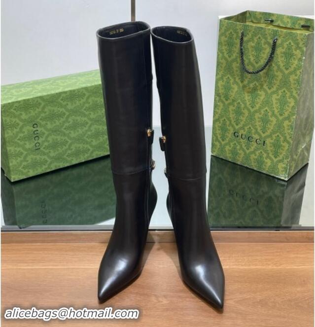 Low Price Gucci Leather High Boots with GUCCI Chain Black 1014049