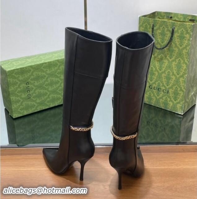 Low Price Gucci Leather High Boots with GUCCI Chain Black 1014049