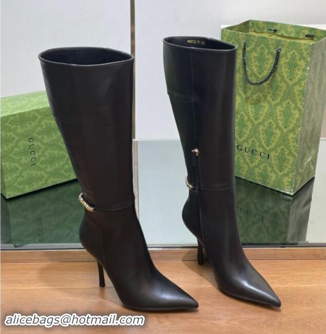 Low Price Gucci Leather High Boots with GUCCI Chain Black 1014049