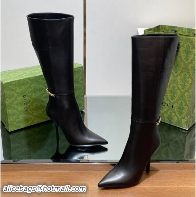 Low Price Gucci Leather High Boots with GUCCI Chain Black 1014049