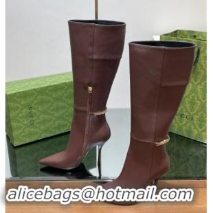 Perfect Gucci Leather High Boots with GUCCI Chain Brown 1014050