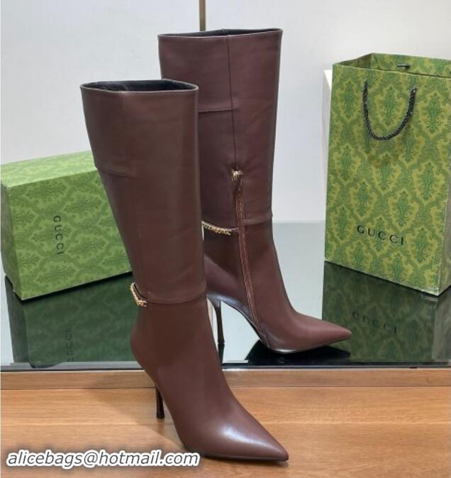 Perfect Gucci Leather High Boots with GUCCI Chain Brown 1014050