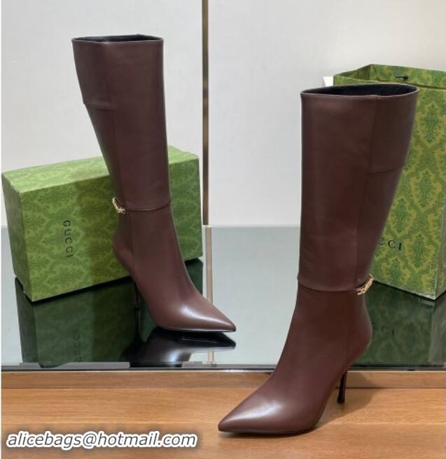 Perfect Gucci Leather High Boots with GUCCI Chain Brown 1014050