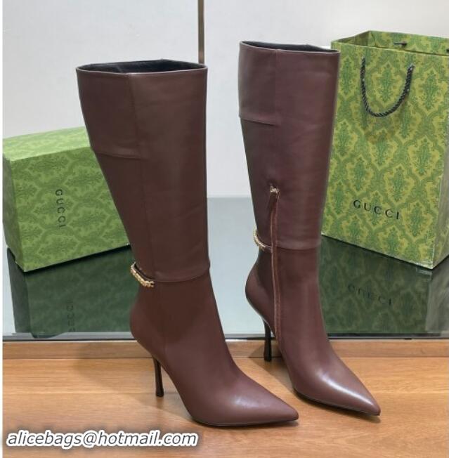 Perfect Gucci Leather High Boots with GUCCI Chain Brown 1014050