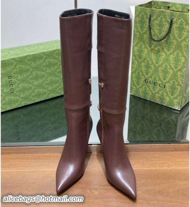 Perfect Gucci Leather High Boots with GUCCI Chain Brown 1014050