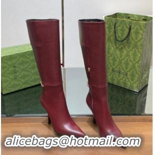 Pretty Style Gucci Leather High Boots with GUCCI Chain Burgundy 1014051