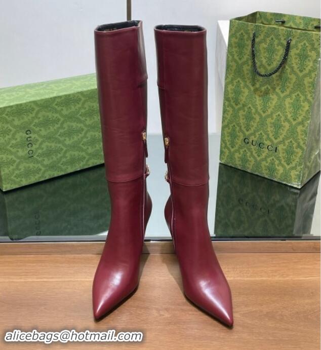 Pretty Style Gucci Leather High Boots with GUCCI Chain Burgundy 1014051