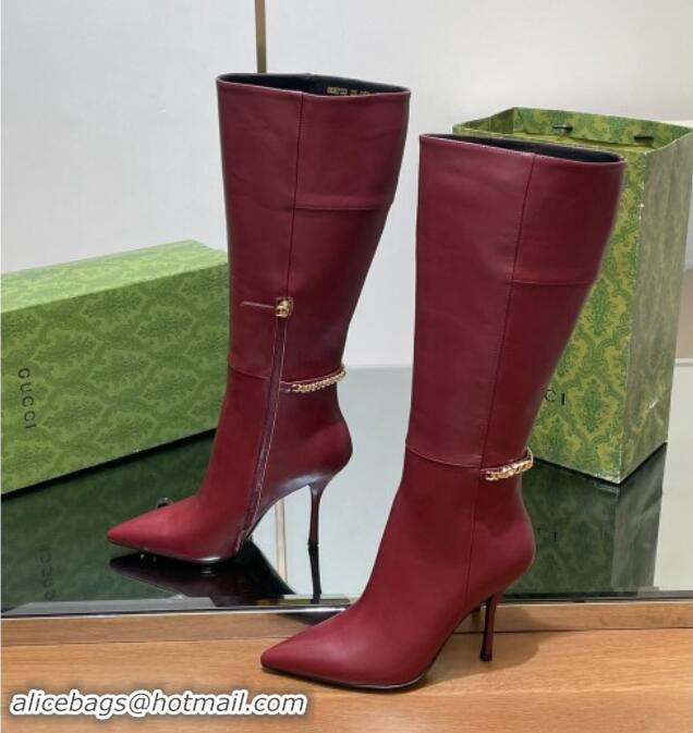 Pretty Style Gucci Leather High Boots with GUCCI Chain Burgundy 1014051