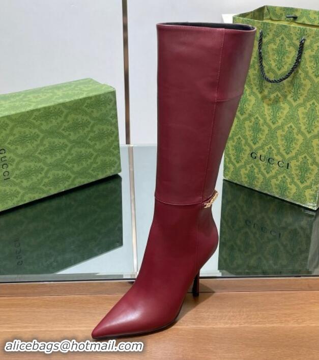 Pretty Style Gucci Leather High Boots with GUCCI Chain Burgundy 1014051