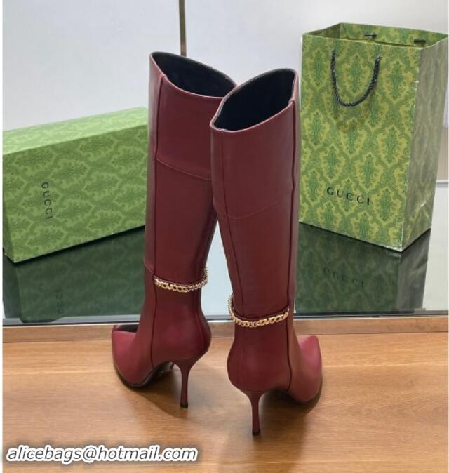 Pretty Style Gucci Leather High Boots with GUCCI Chain Burgundy 1014051