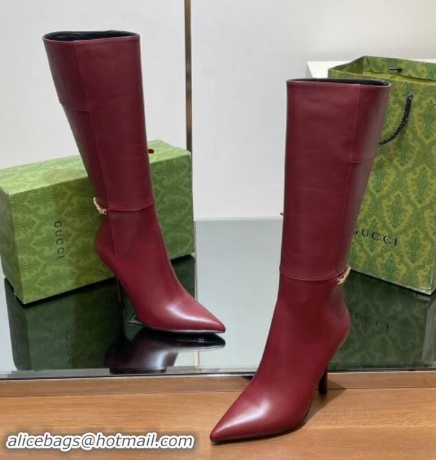 Pretty Style Gucci Leather High Boots with GUCCI Chain Burgundy 1014051