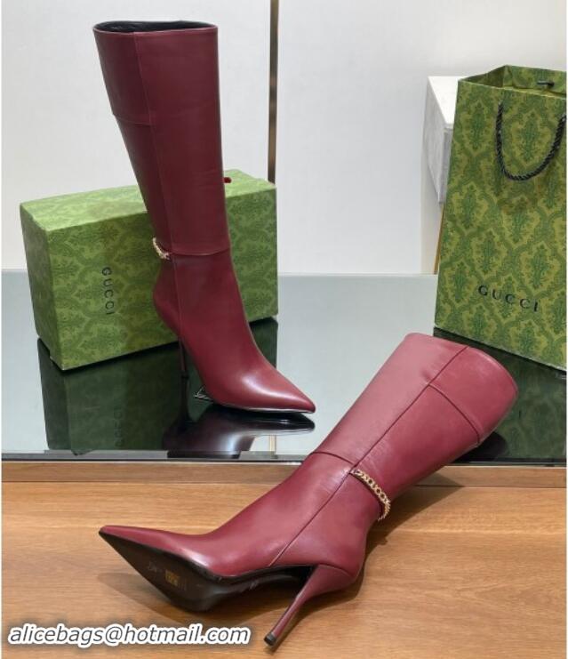 Pretty Style Gucci Leather High Boots with GUCCI Chain Burgundy 1014051